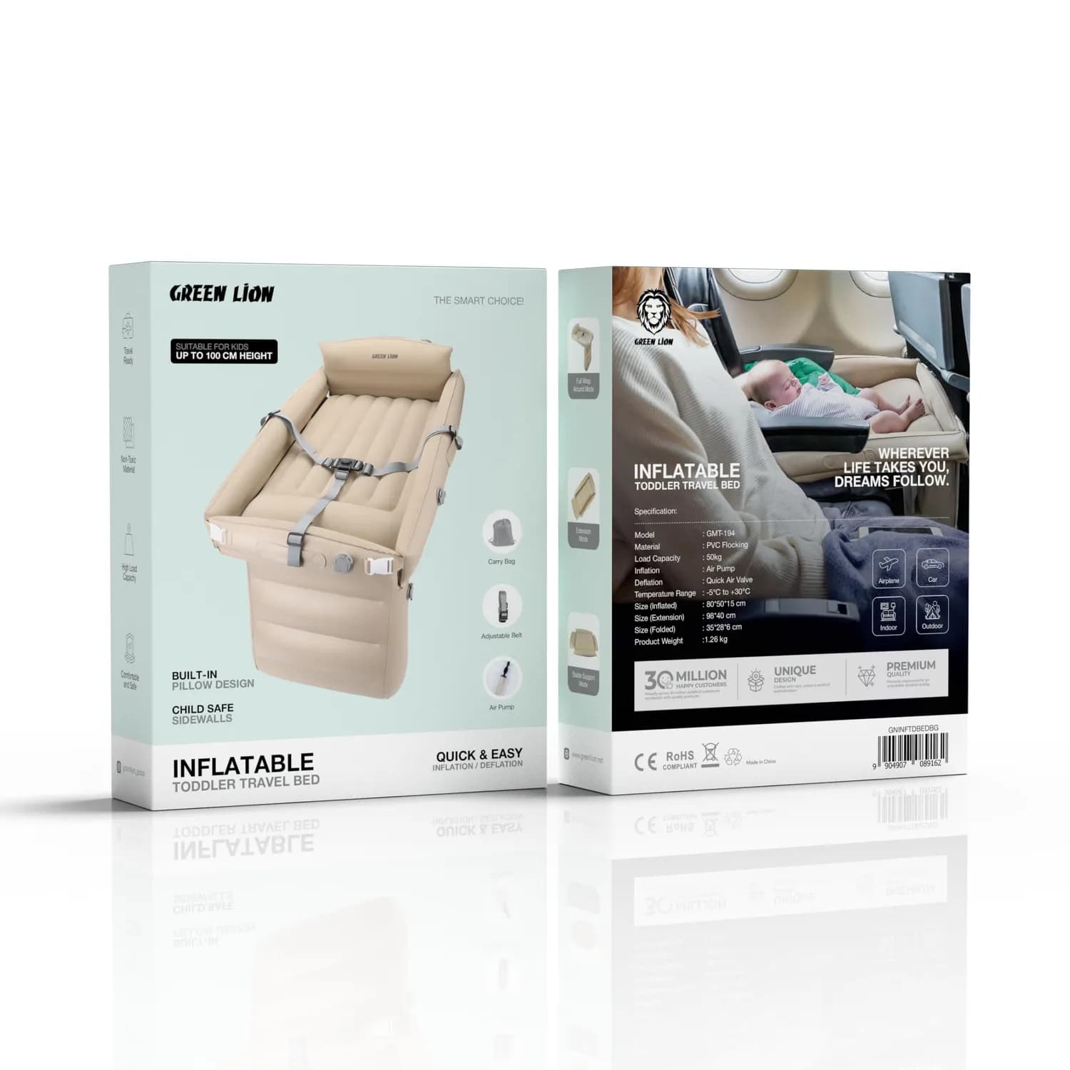 Green Lion Inflatable Toddler Travel Bed - Built-in Pillow, Beige 4