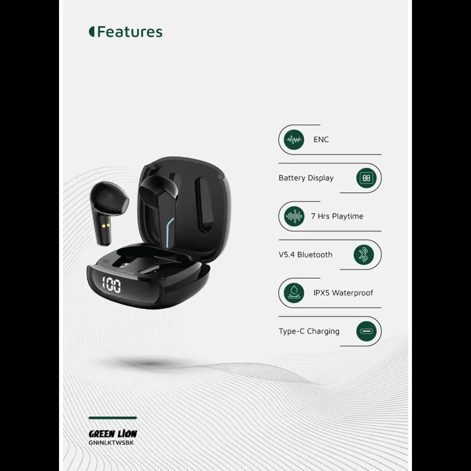 Green Lion True Wireless Earbuds Interlaken GNINLKTWS - Bluetooth 5.4, Black 5