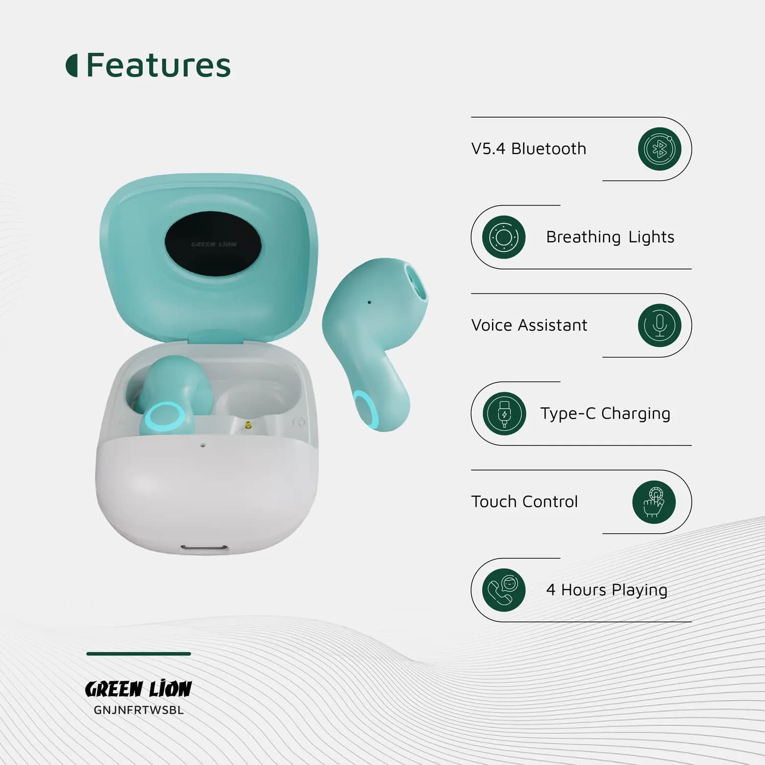 Green Lion Earbuds Jenifer GNJNFRTWS - True Wireless, Sky Blue 4