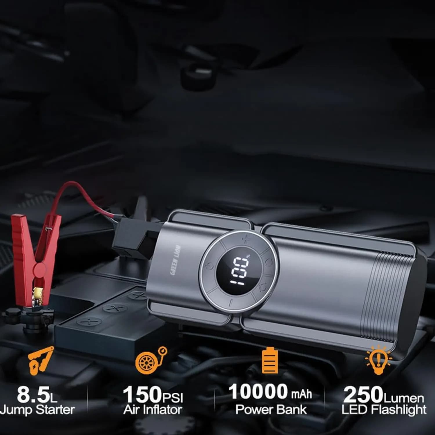Green Lion Jump Starter - 4-in-1, 10000mAh, Air Compressor, Black 2