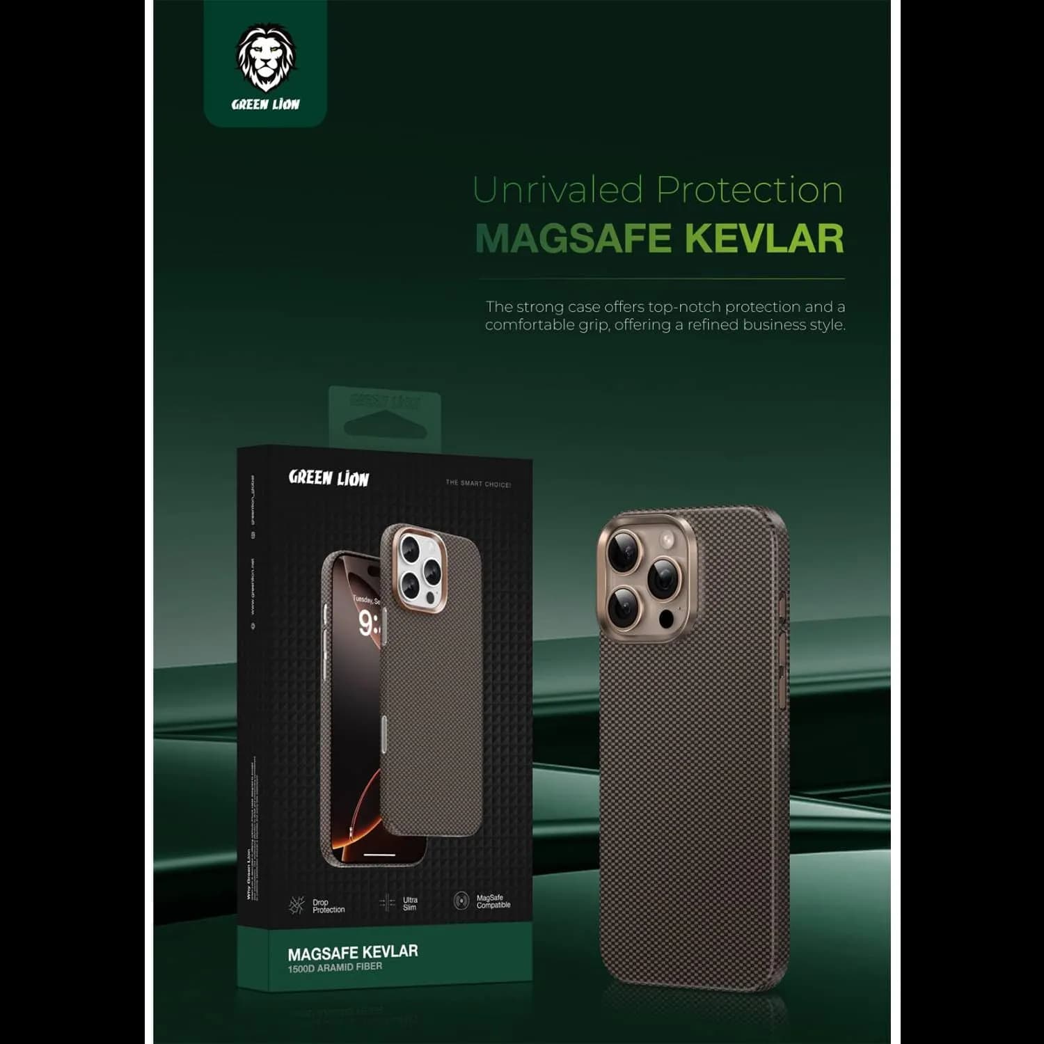 Green Lion Kevlar Case iPhone 16Pro - 1500D Aramid Fiber, Black/Gold 3