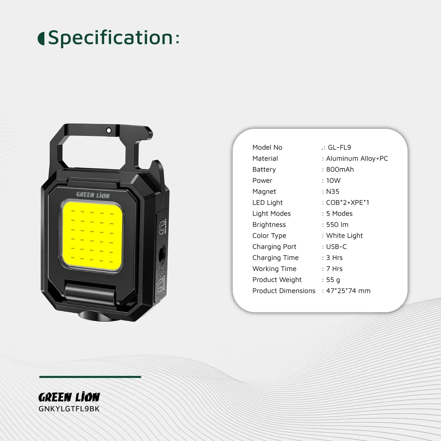 Green Lion COB Keychain Work Light - 5 Modes, Black 4