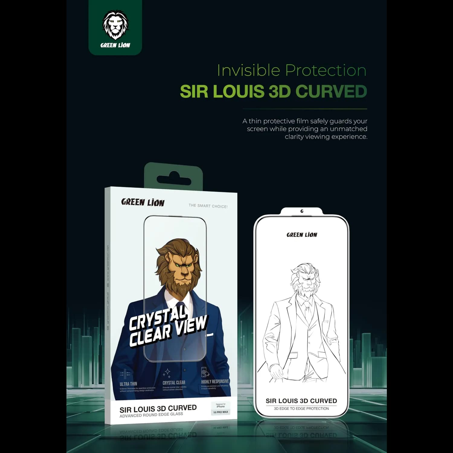 Green Lion Screen Protector iPhone 16 Pro - 3D Curved, Anti-Fingerprint, Clear 2