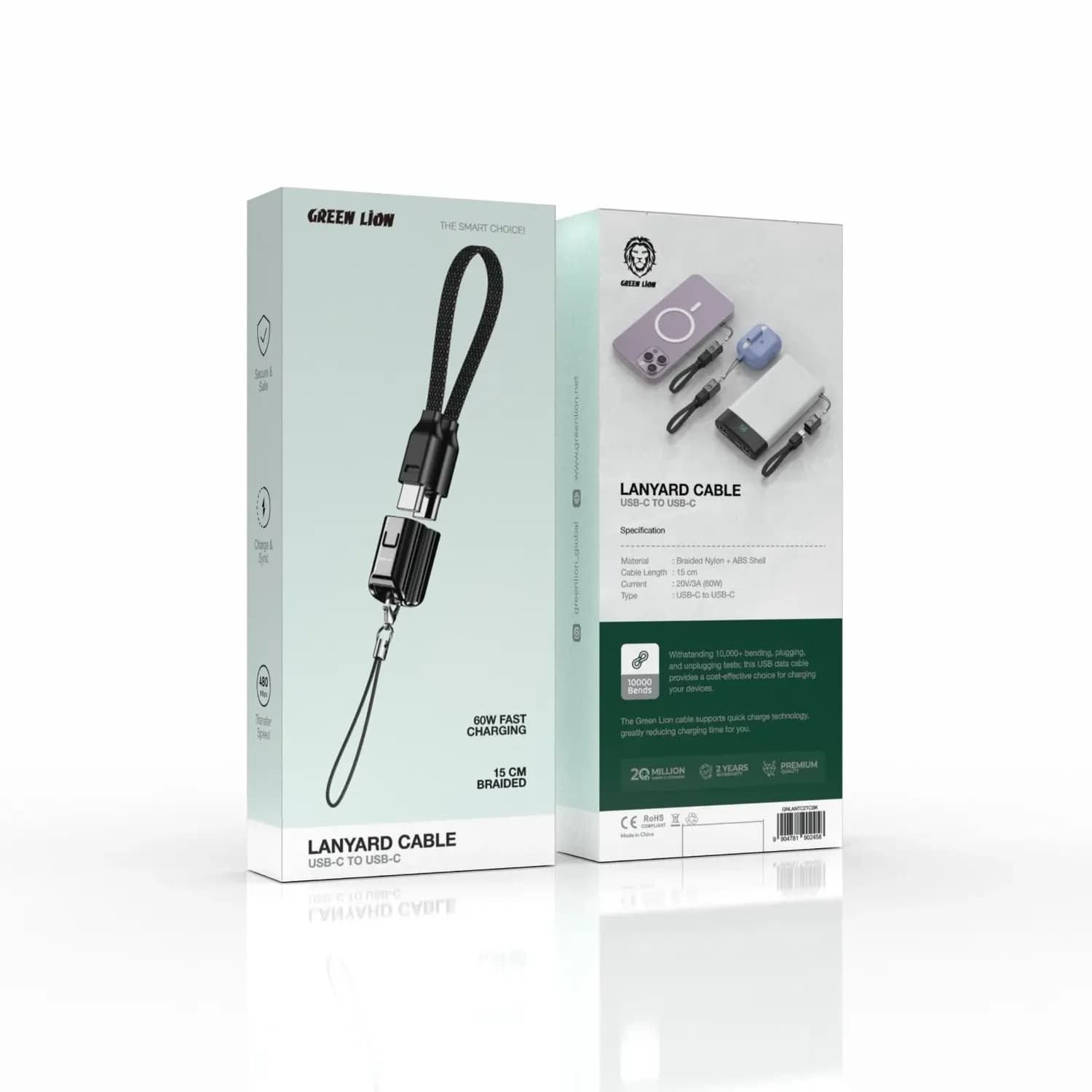 Green Lion USB C to USB C Cable - 60W PD, 15cm, Braided Black 3