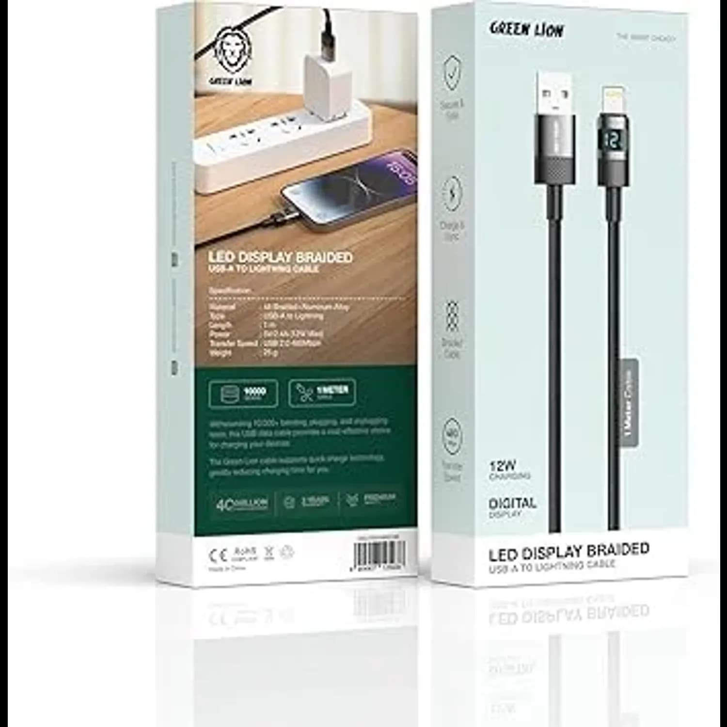 Green Lion USB-A to Lightning Cable - 12W Fast Charge, LED Display, Black 3