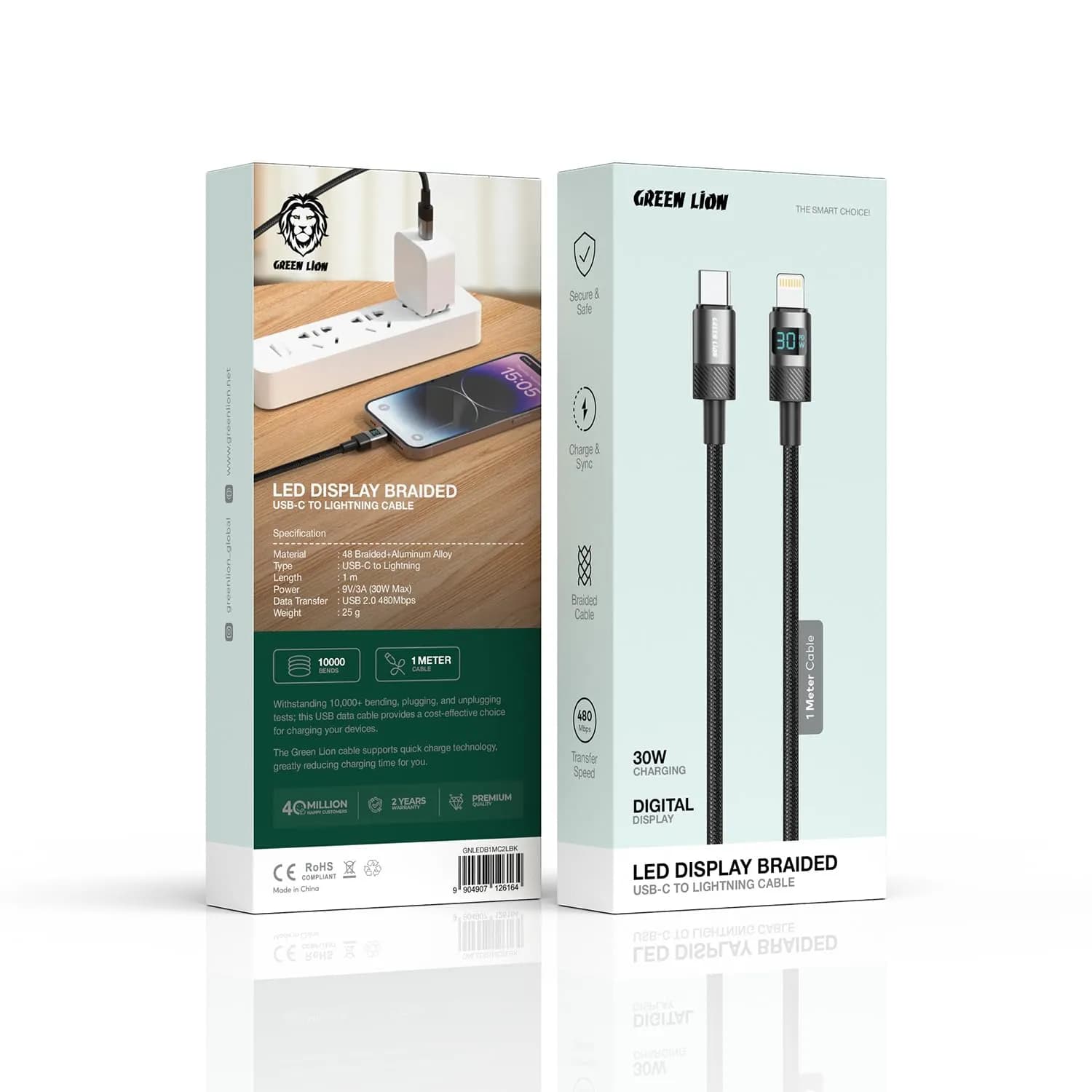 Green Lion USB-C to Lightning Cable - 30W Fast Charge, LED Display, Black 3