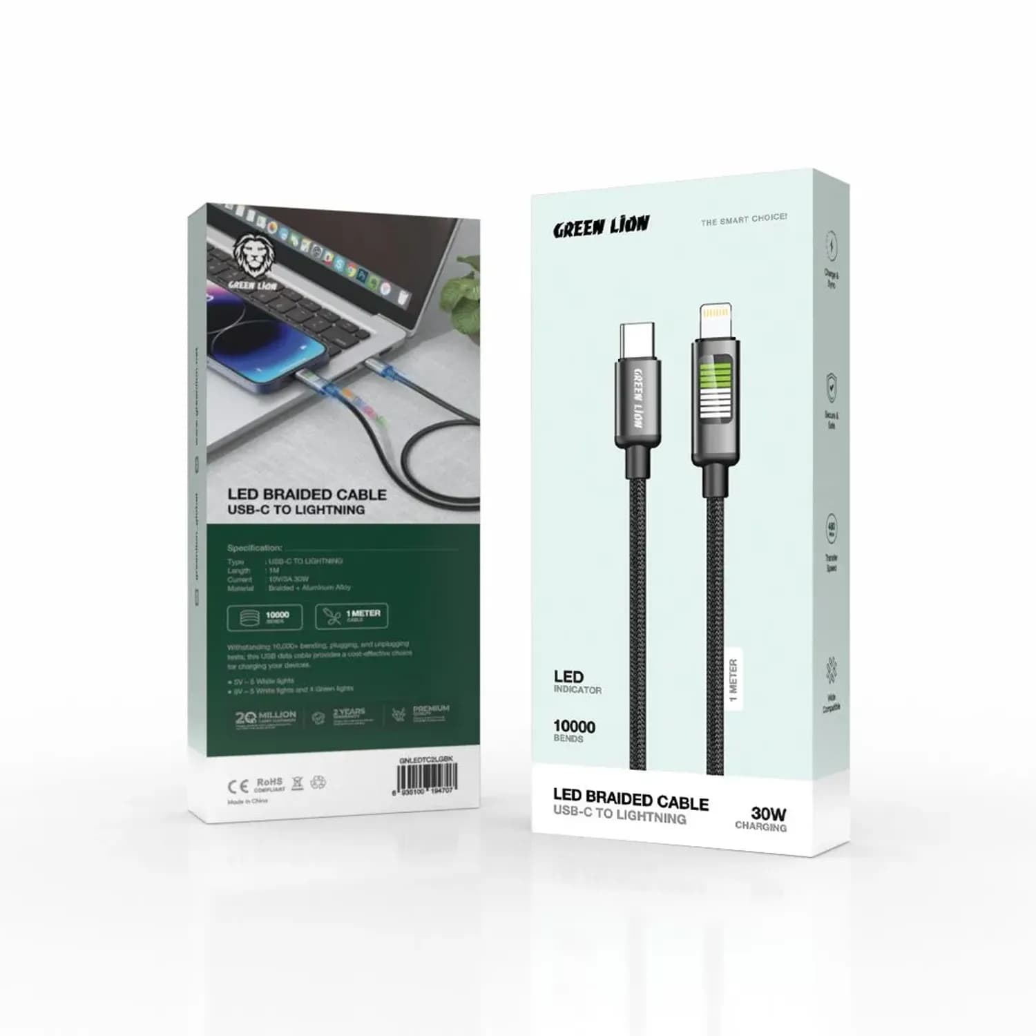 Green Lion Charging Cable - USB-C to Lightning, LED, Black 3