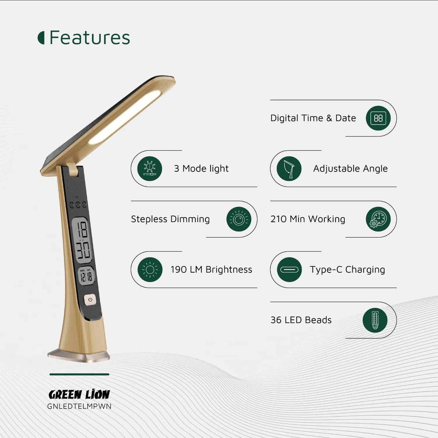 Green Lion LED Table Lamp - Adjustable Brightness, Wooden 4