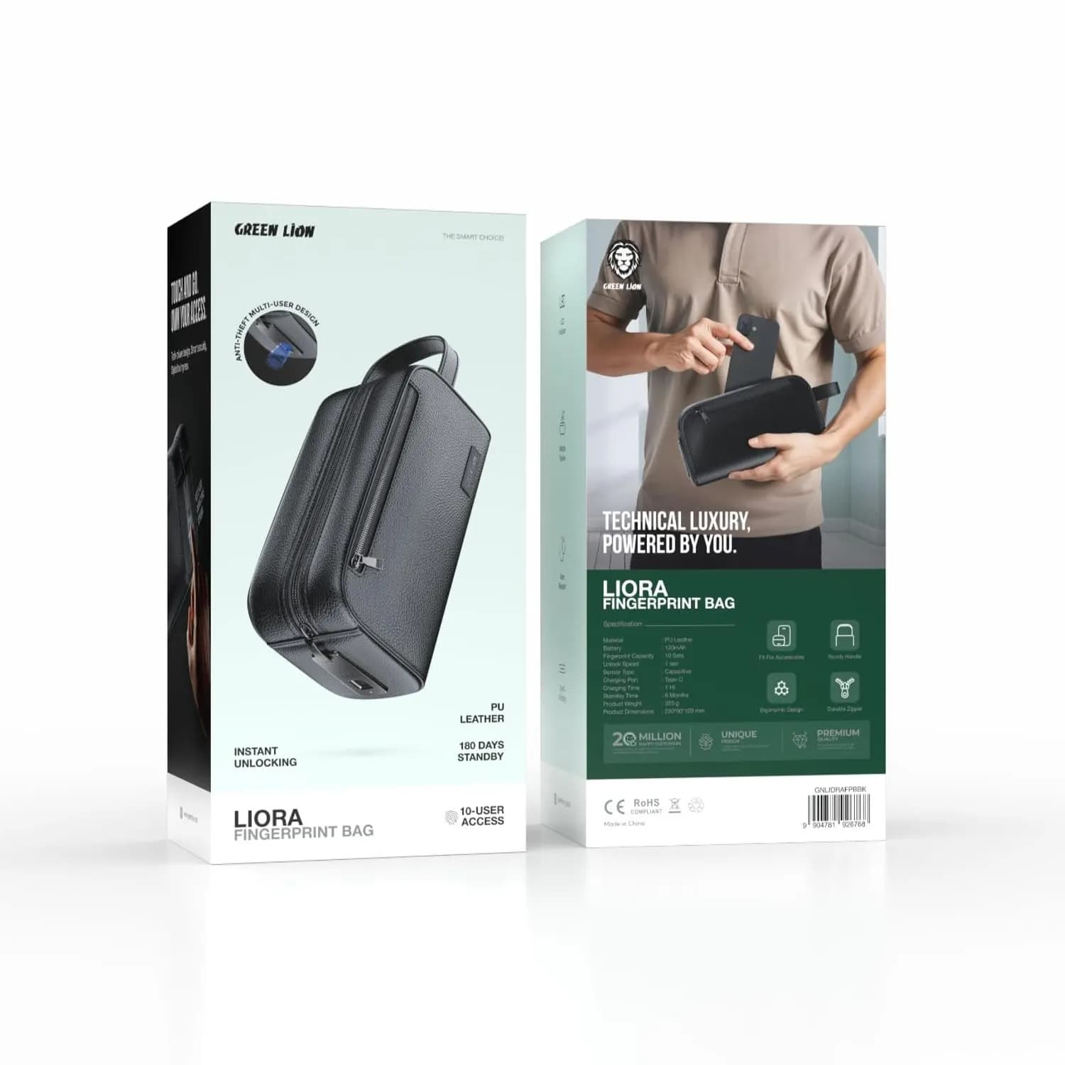 Green Lion Fingerprint Bag Liora - Instant Unlock, Water Resistant, Black 4