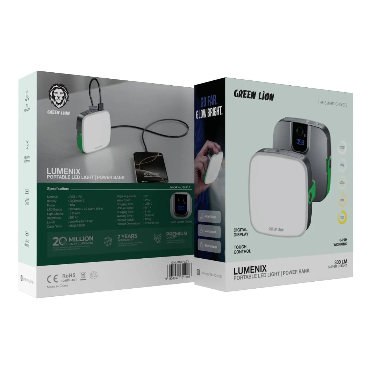 Green Lion Lumenix Portable LED Light with Power Bank (2000mAh×2) - Gr 3