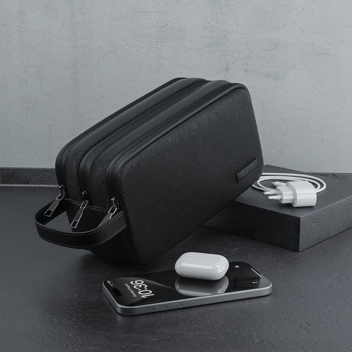 Green Lion Clutch Bag - Water-Resistant, Three Compartments, Black — Black 3