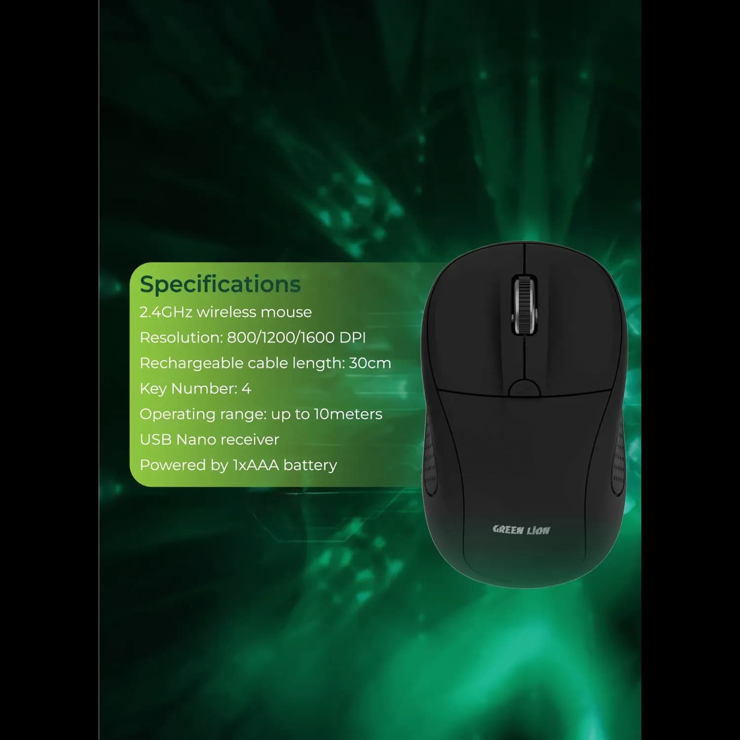Green Lion Wireless Mouse G200 - 1600 DPI, Black 3