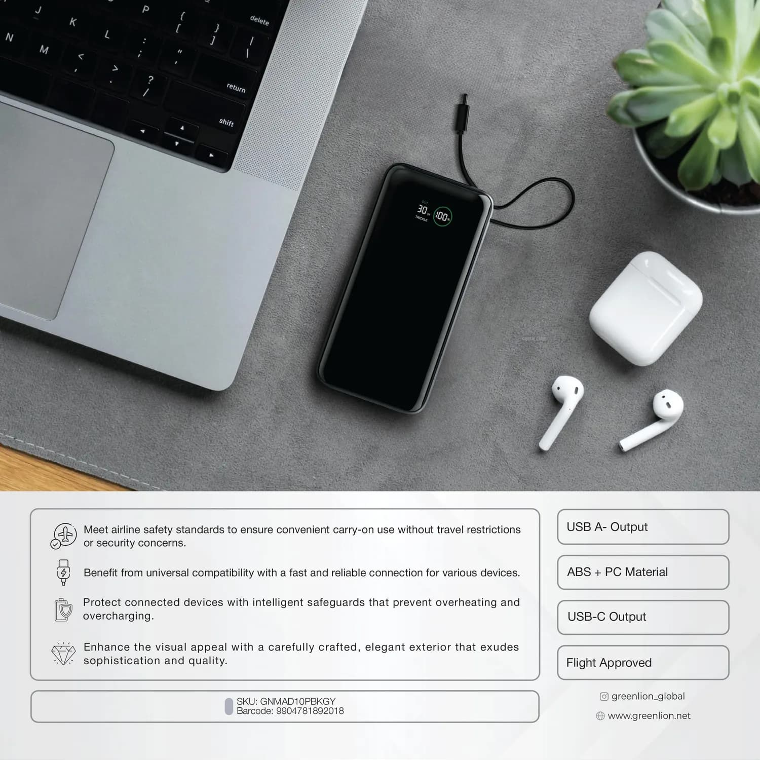 Green Lion Power Bank - 10000mAh PD 35W, Gray 5