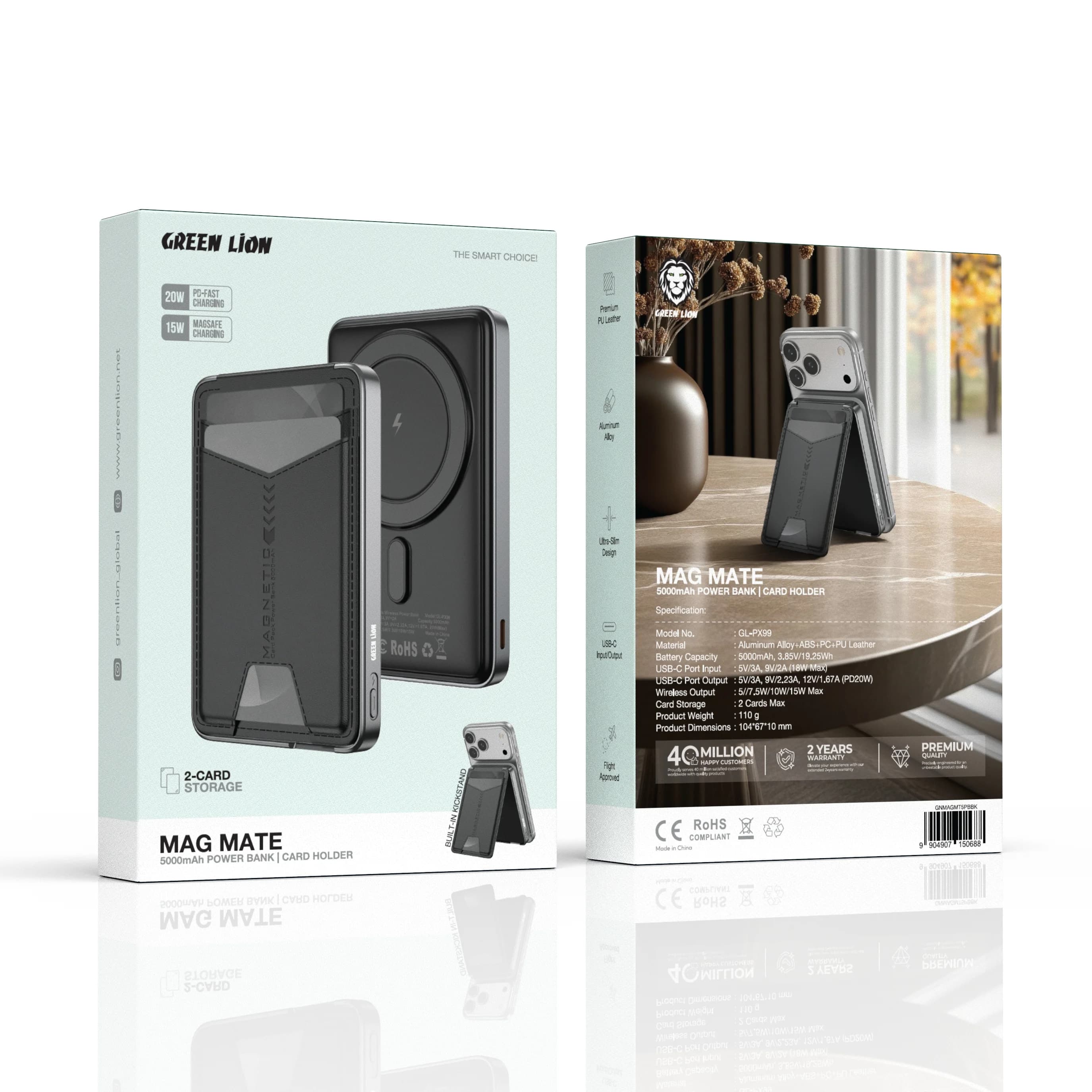 Green Lion Power Bank Mag Mate GNMAGMT5PBBK - 5000mAh, Card Holder, Black — Black 4