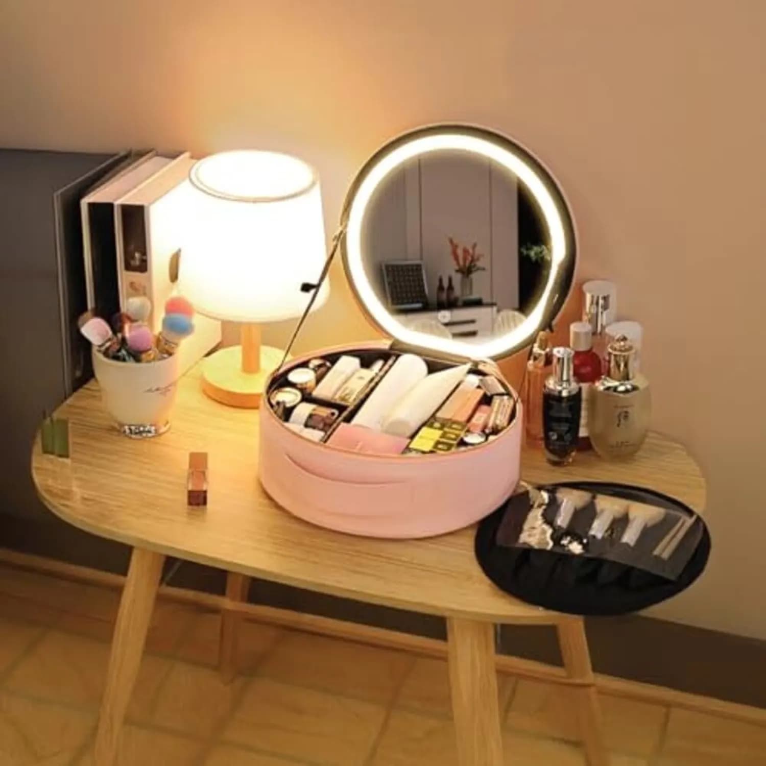 Green Lion Makeup Organizer - Lighted Mirror, LED Lighting, Green 2