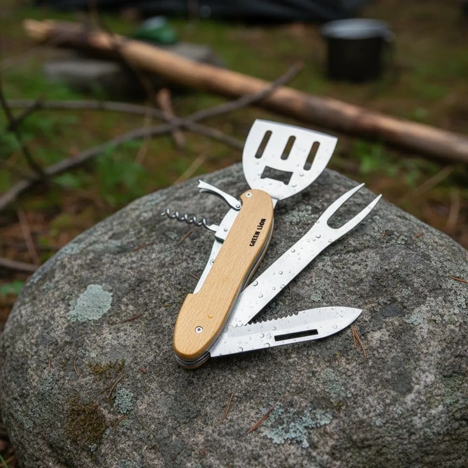 Green Lion Camping Multi-Tool - 5-in-1 BBQ Set, Wood 5