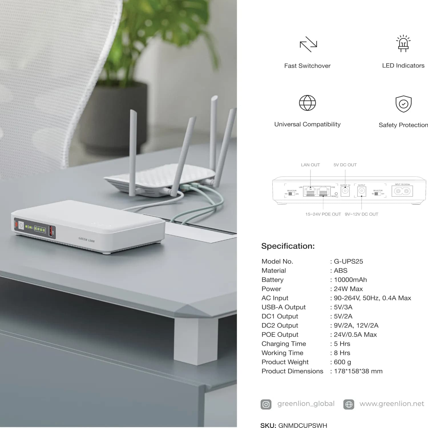 Green Lion Mini DC UPS - 10000mAh Battery Backup, White 4