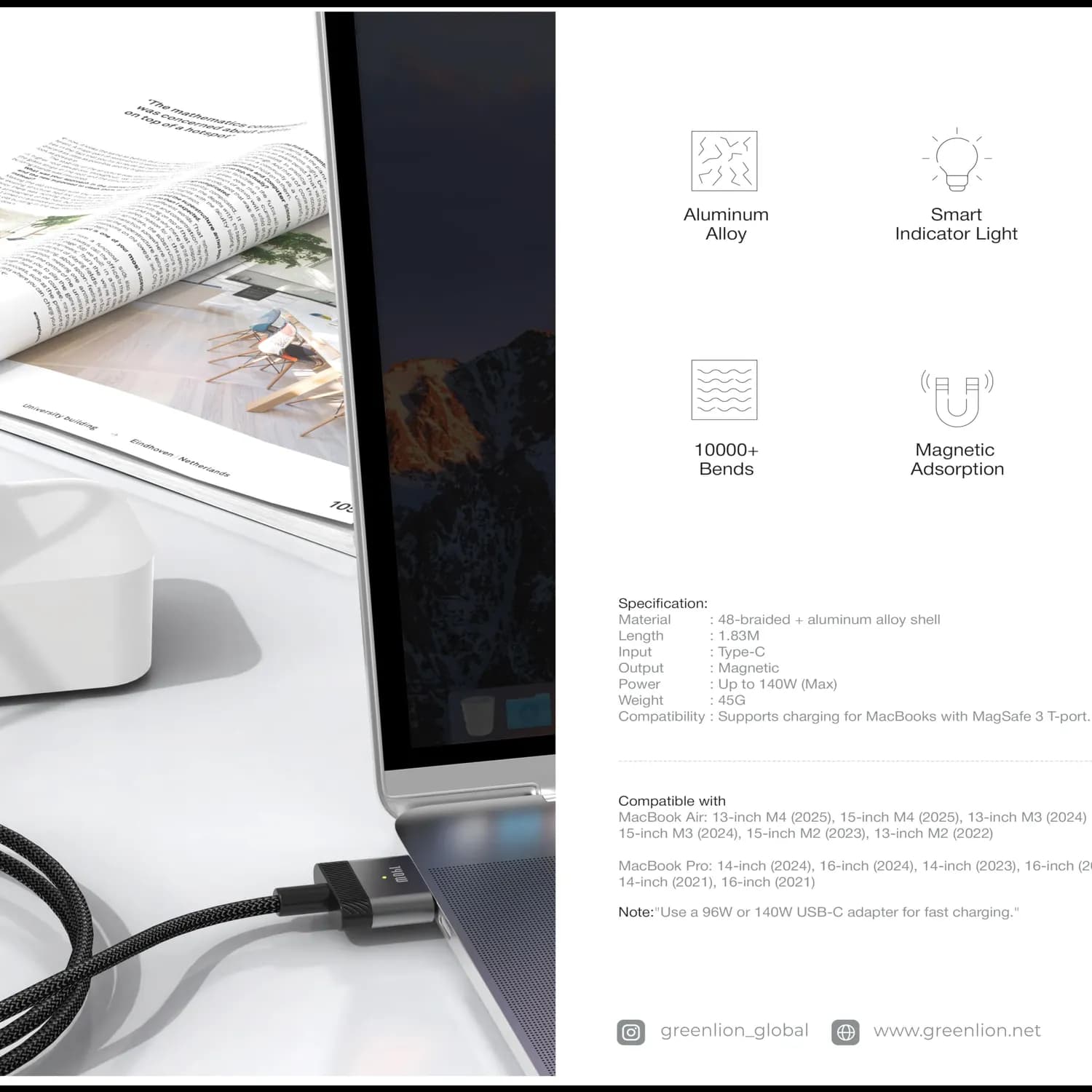 Green Lion USB-C to MagSafe 3 Cable - 140W PD, 1.83M 3