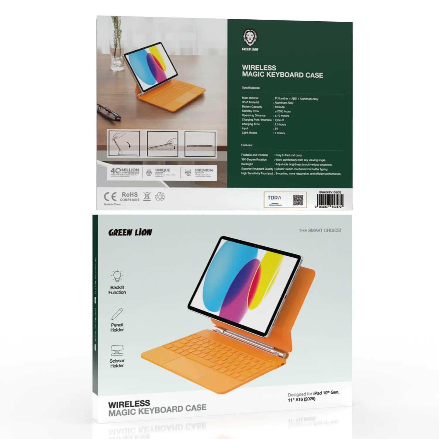 Green Lion Wireless Magic Keyboard Case - Bluetooth, 360° Rotation, Orange 4