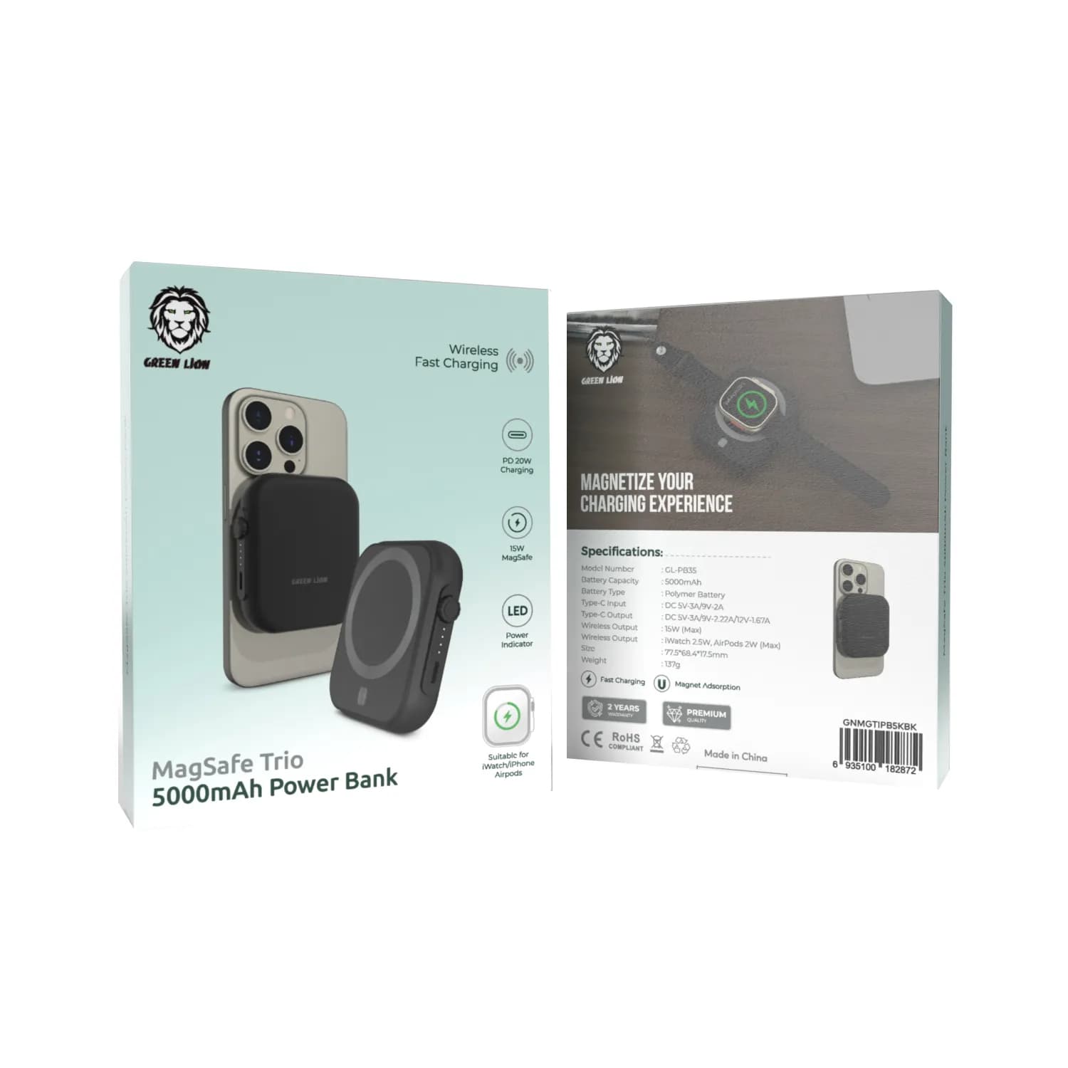 Green Lion MagSafe Trio Power Bank - 5000mAh, PD 20W, Black 3