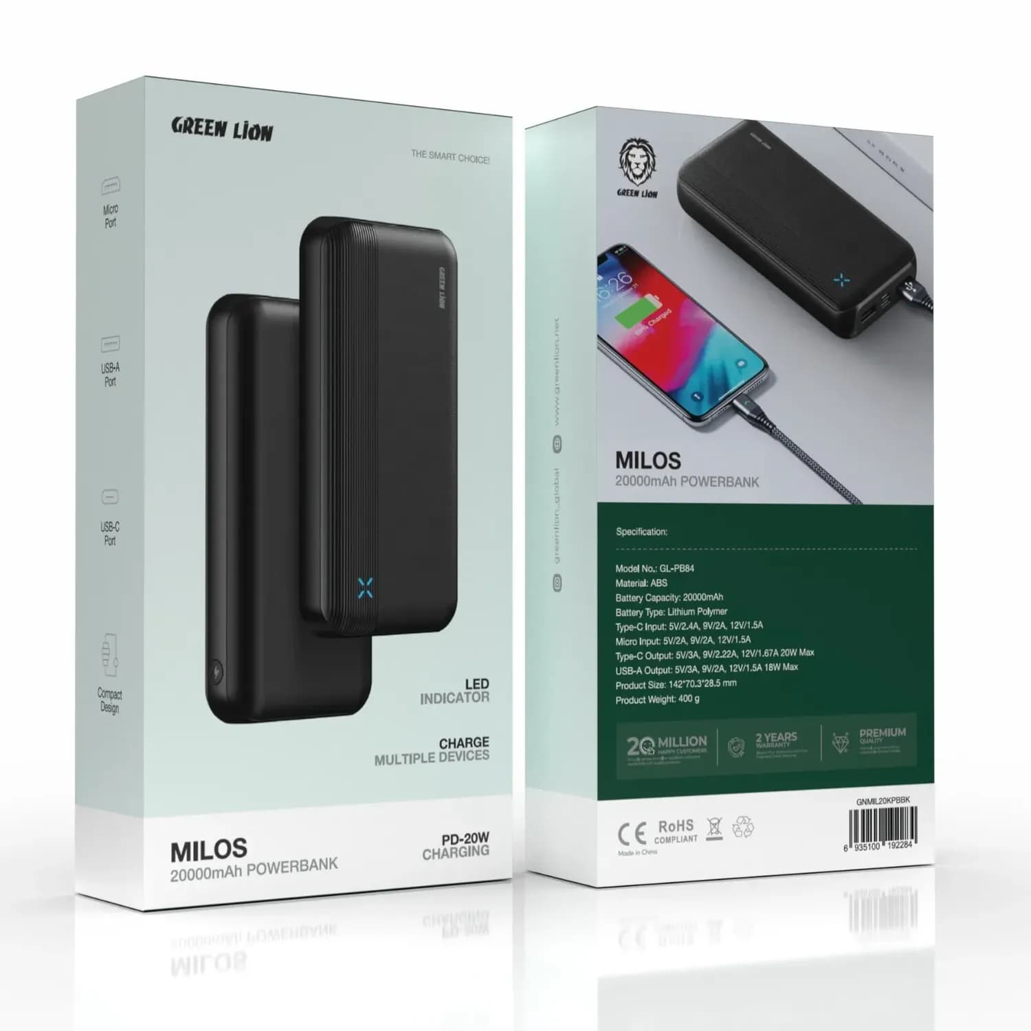 GREEN LION Power Bank Milos 20000mAh - PD20W Fast Charge, Black 3