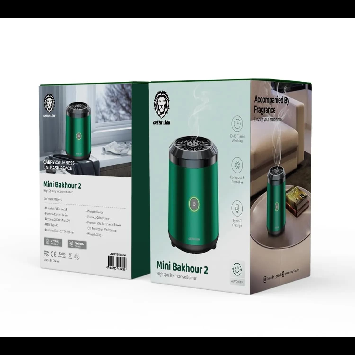Green Lion Mini Bakhour 2 Incense Burner - Auto Off, Type-C Charging, Green 2