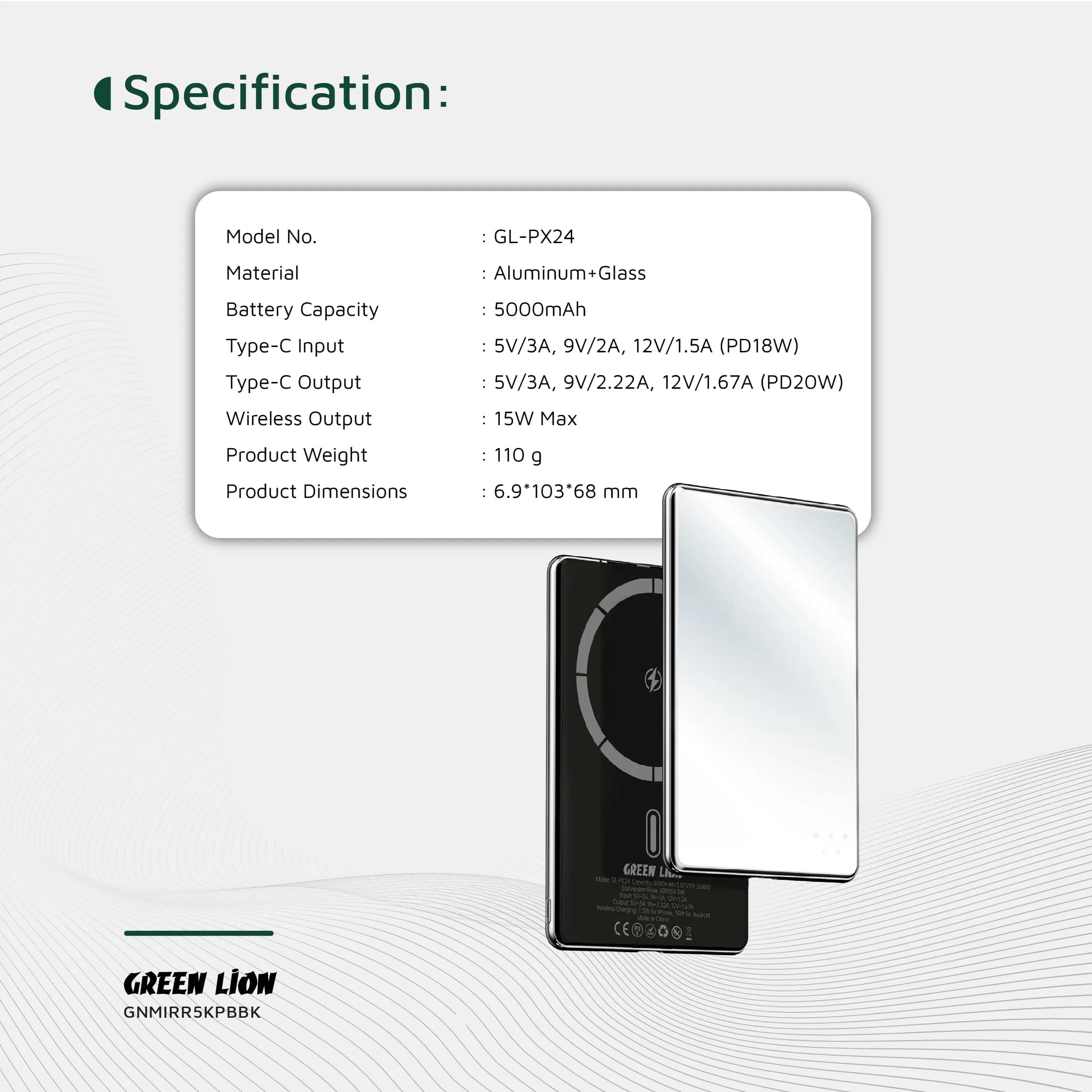 Green Lion Mirror Design 5000mAh Power Bank - Black 4