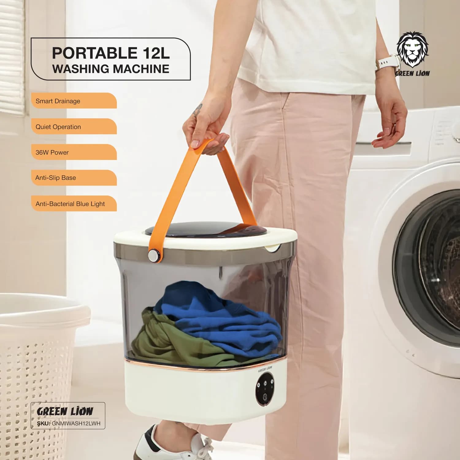 Green Lion Washing Machine - Portable 12L, Anti-Bacterial Blue Light, White 2