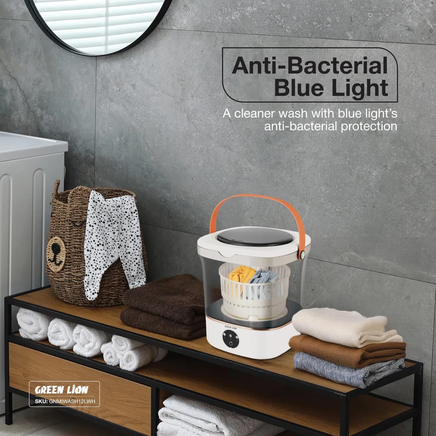 Green Lion Washing Machine - Portable 12L, Anti-Bacterial Blue Light, White 3