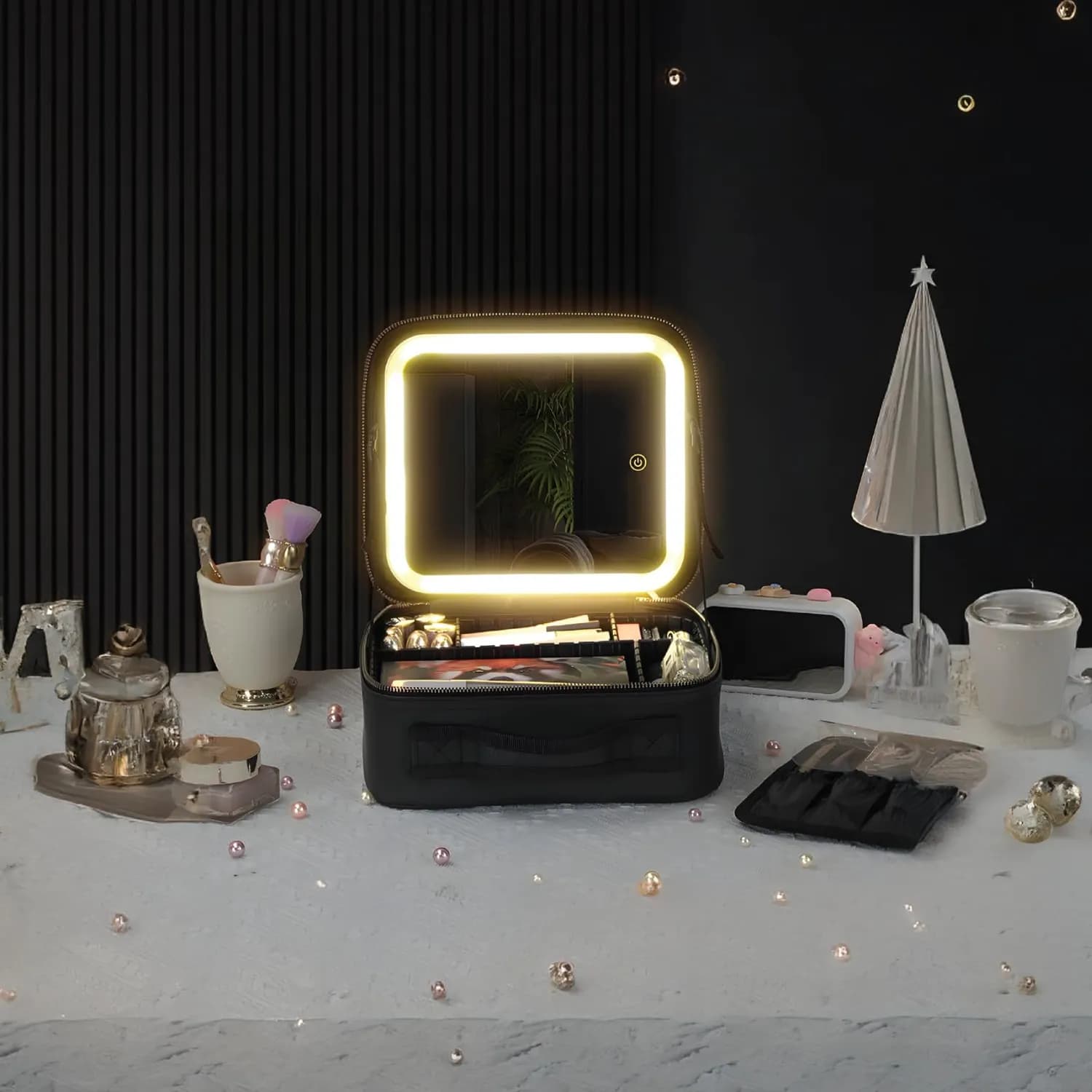 Green Lion Makeup Organizer - Lighted Mirror, Waterproof, Black 3