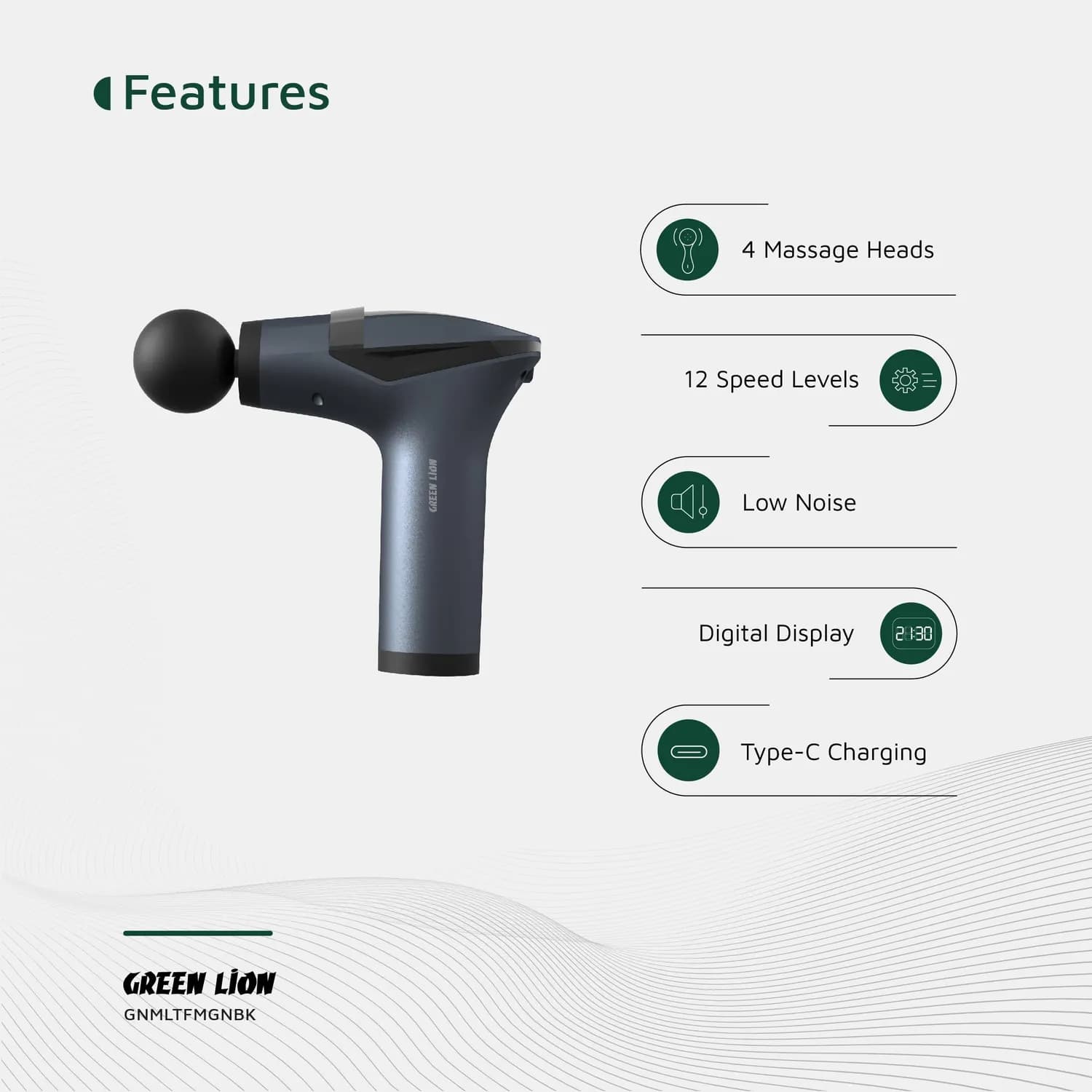 Green Lion Massage Gun - 12 Speeds, Black 3