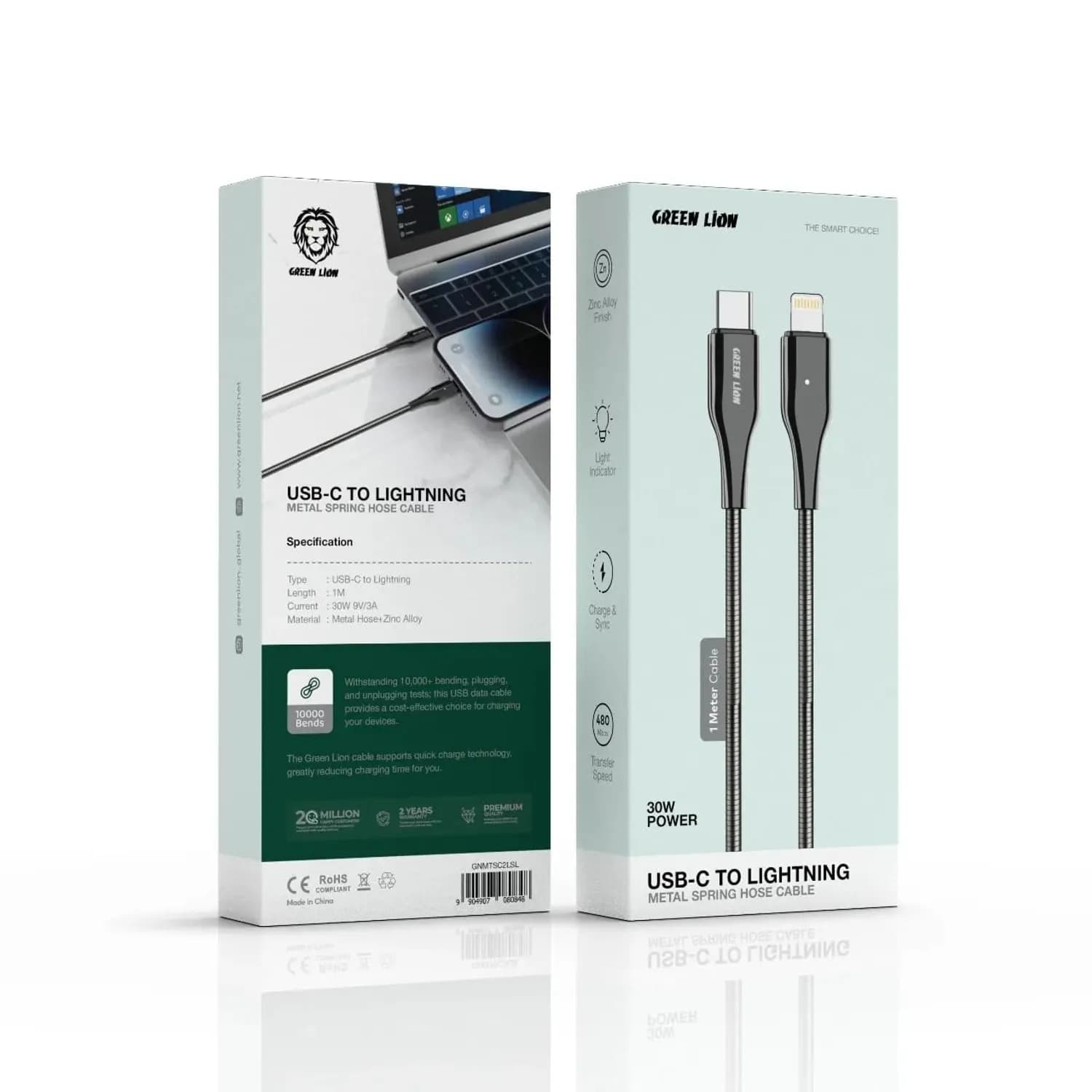 Green Lion USB-C to Lightning Cable - 1M, 30W Fast Charge, LED Light 3