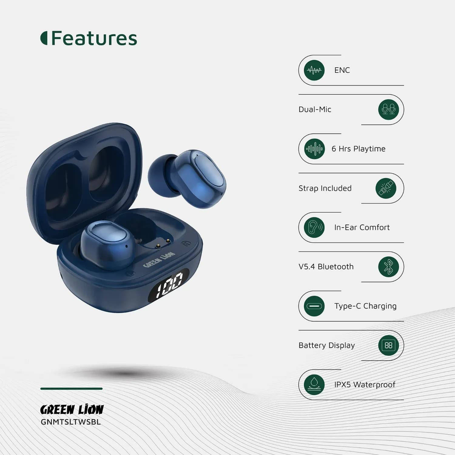 Green Lion True Wireless Earbuds Mittersill - IPX5 Waterproof, Blue — Blue 4
