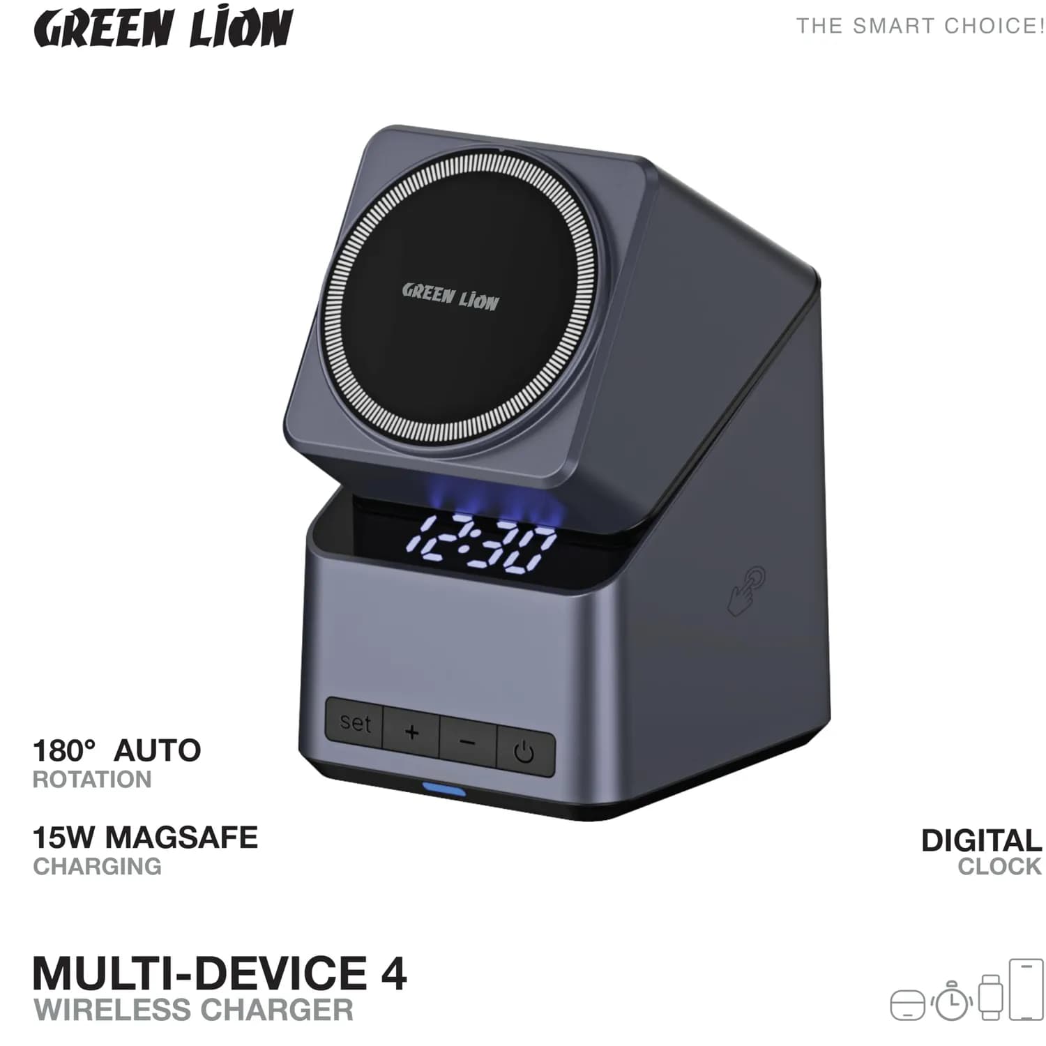 Green Lion Wireless Charger Station - 15W, Digital Clock, Gray 4