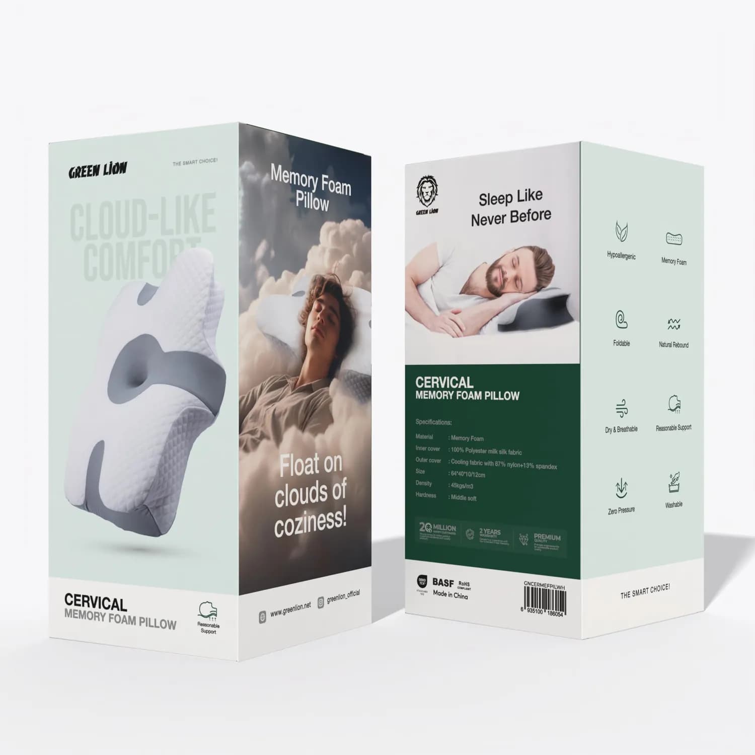 Green Lion Memory Foam Cervical Pillow - Ergonomic, Hypoallergenic, Gray/White 4