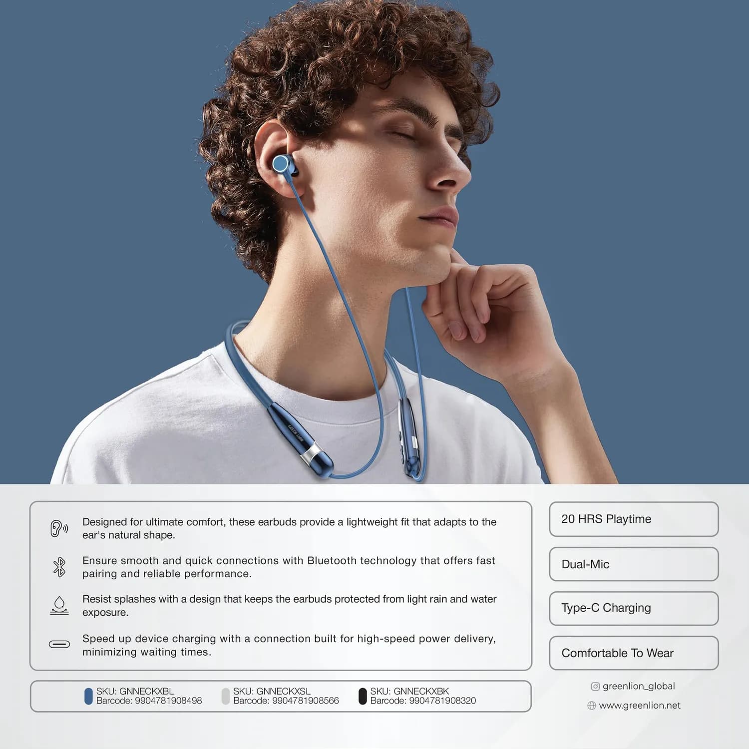 Green Lion Neck X Wireless ENC Neckband Headphone - Blue — Silver 5