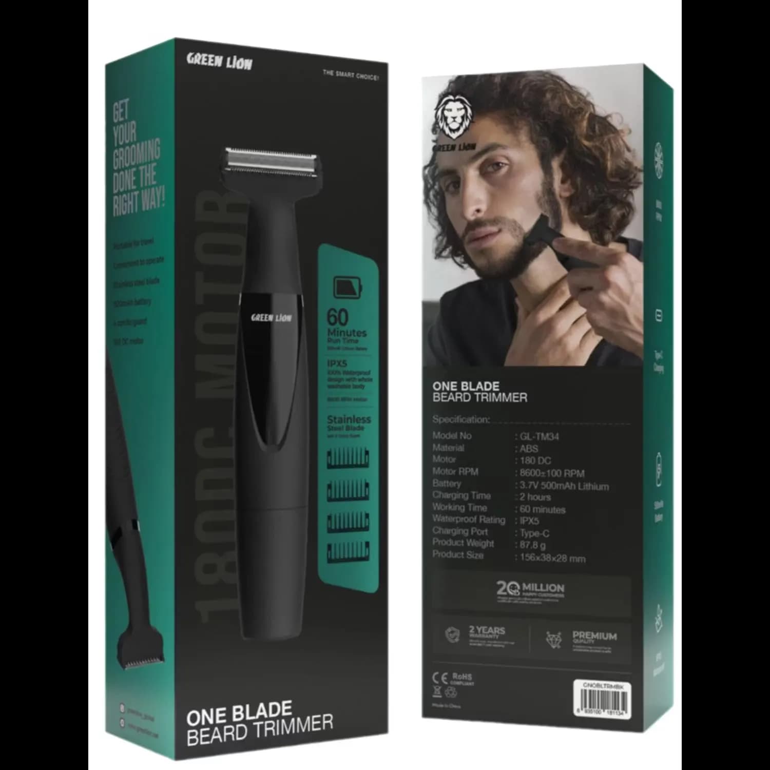 Green Lion Beard Trimmer - One Blade, IPX5 Waterproof, Black 4