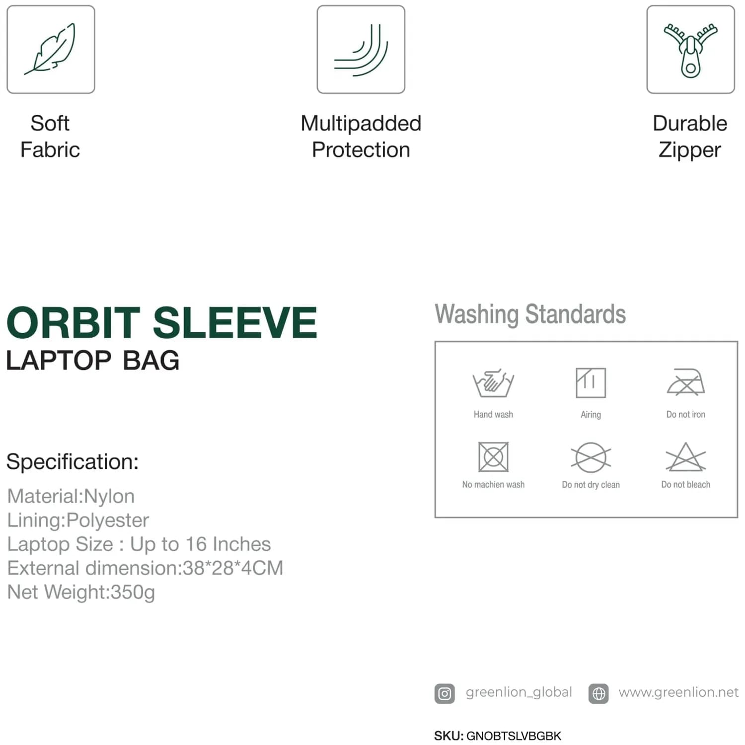 Green Lion Laptop Sleeve Orbit - Multipadded, Black 2