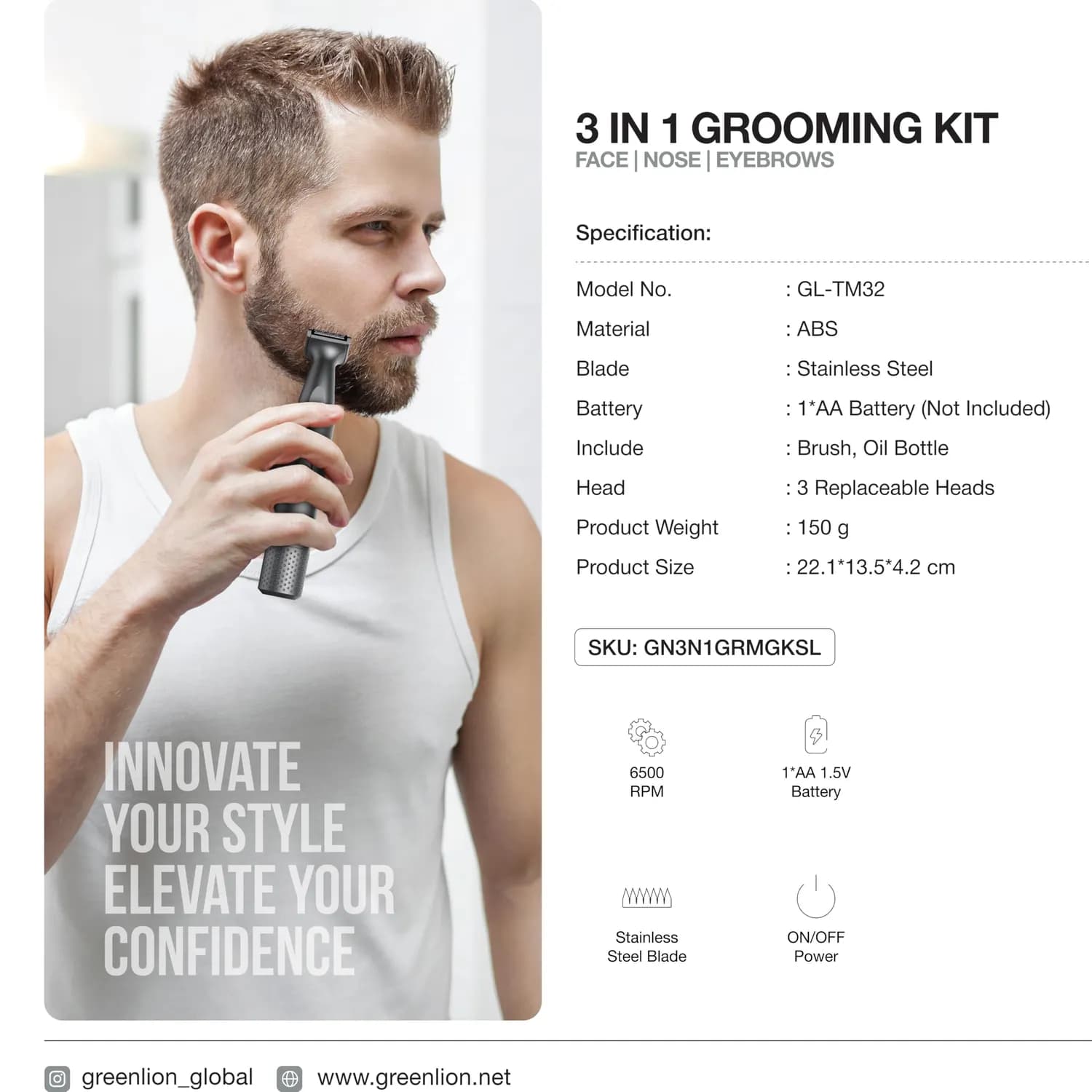 Green Lion Grooming Kit - 3-in-1 Cordless Trimmer, Black 4