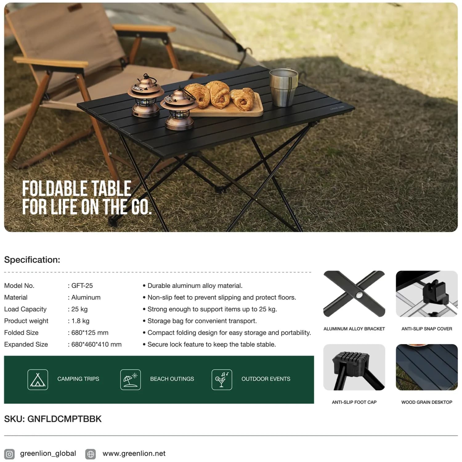Green Lion Camping Table - Foldable, Wood Grain, Black 4