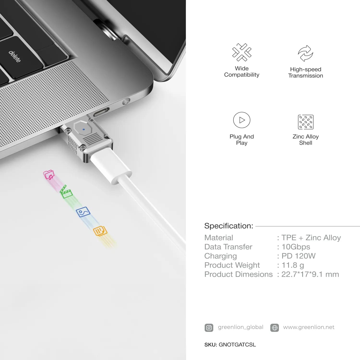 Green Lion OTG Adapter - USB-A to USB-C 120W PD, Zinc Alloy 4