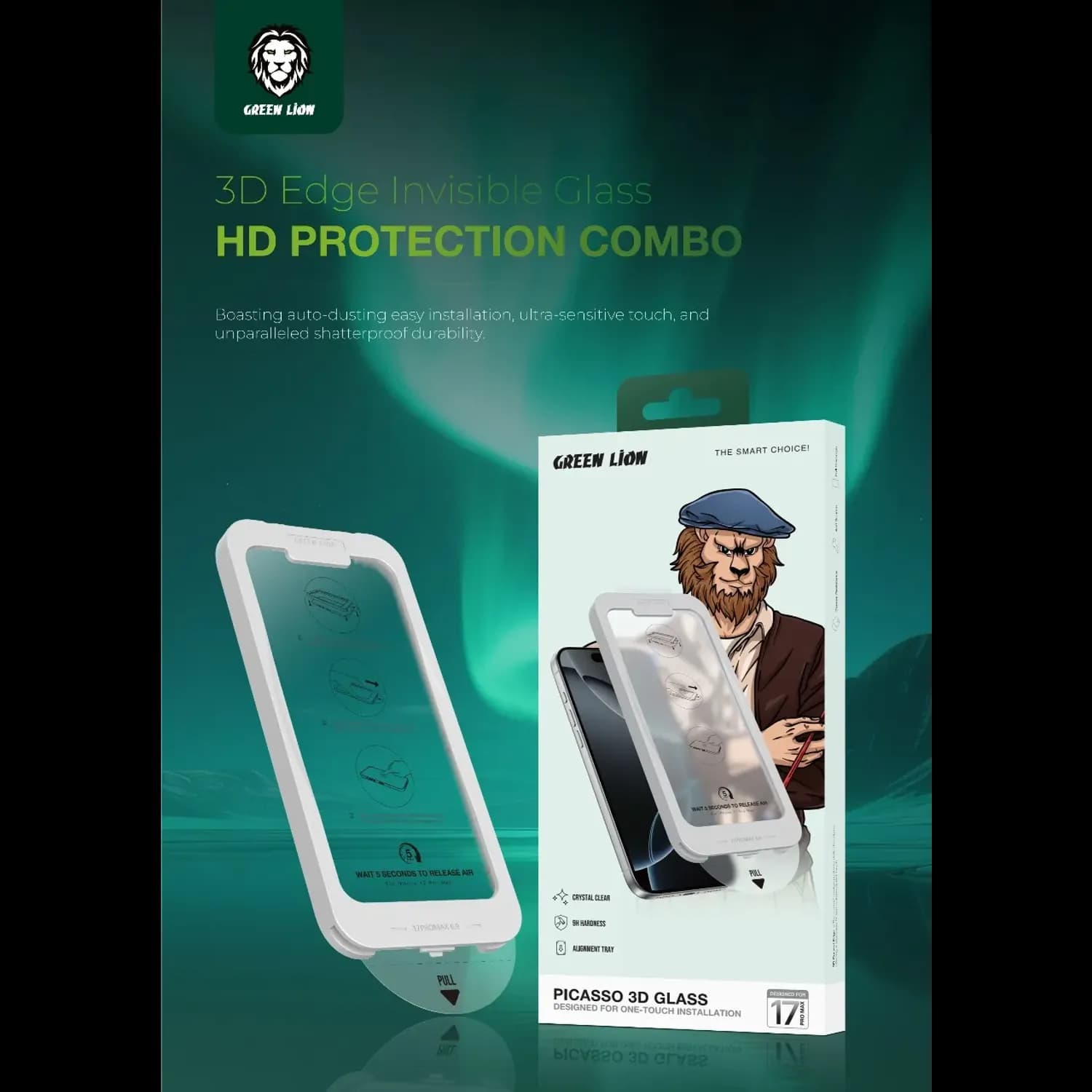 Green Lion Screen Protector Picasso 3D - 9H Tempered Glass, Clear for iPhone 17 Pro Max 4