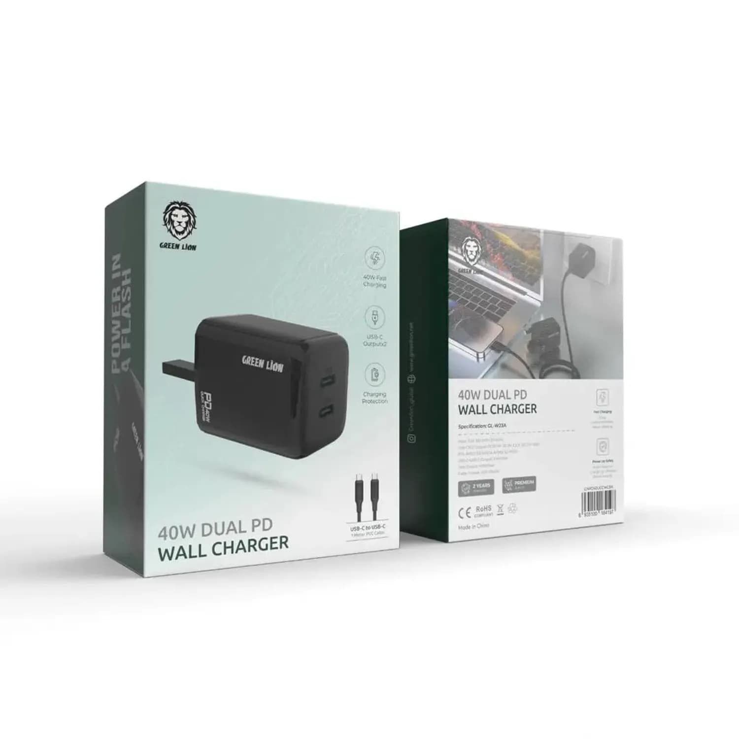 Green Lion Charger - 40W PD Dual Port with USB-C Cable, Black 3