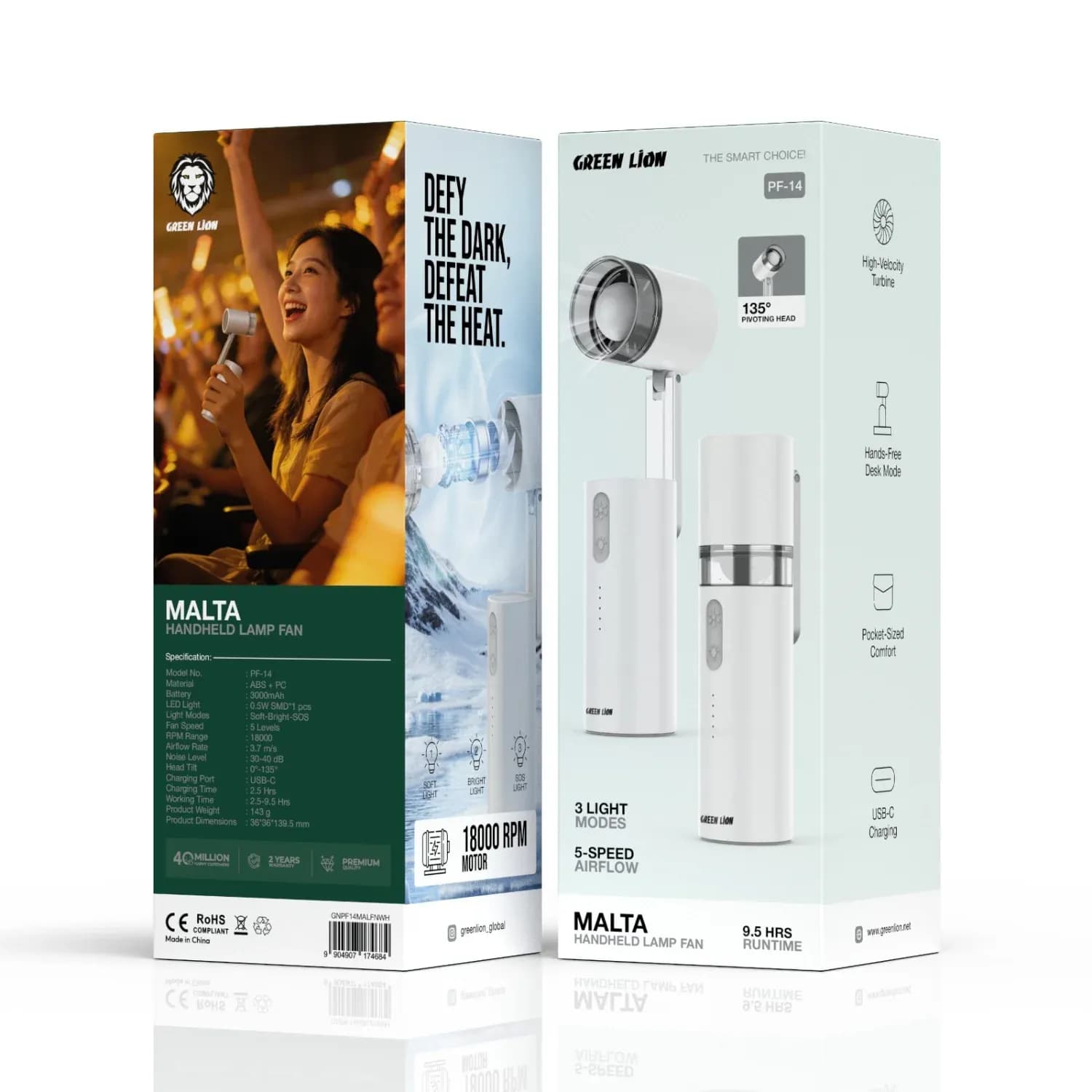 Green Lion Handheld Lamp Fan Malta - 3000mAh, White 3