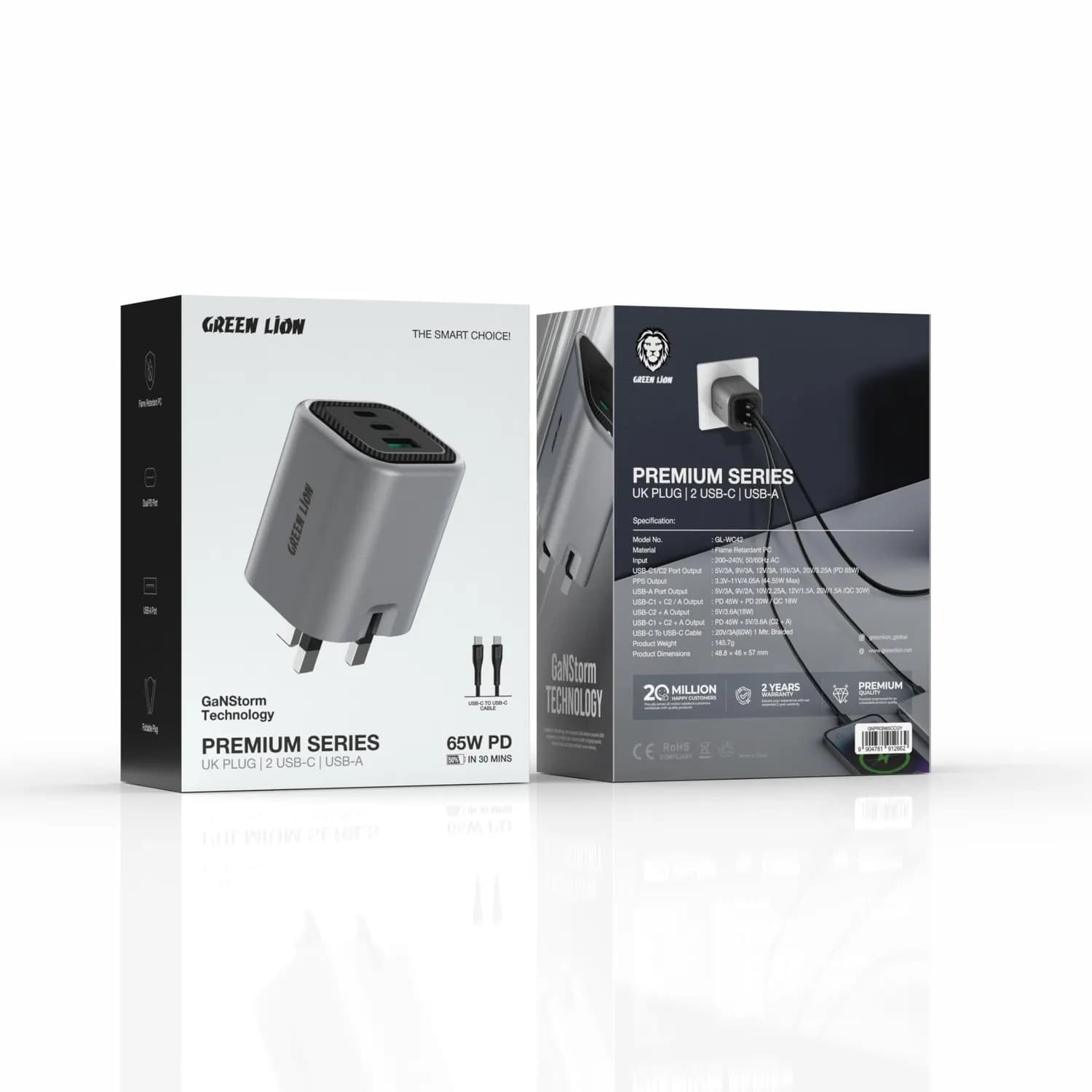 Green Lion Charger Premium Series - 65W PD, GaN, Foldable Plug, Gray 4
