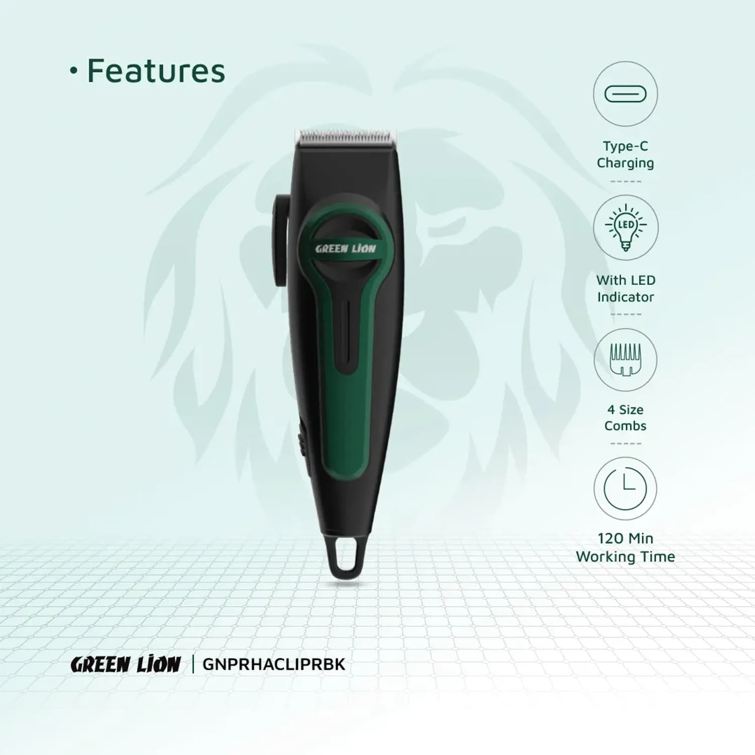 Green Lion Hair Clipper - 1200mAh Battery, Black/Green 2