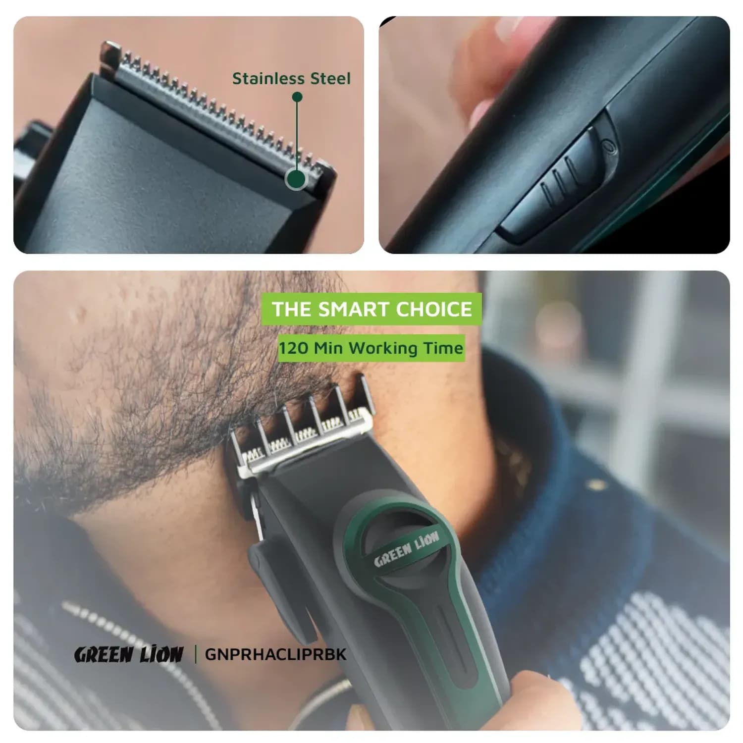 Green Lion Hair Clipper - 1200mAh Battery, Black/Green 4