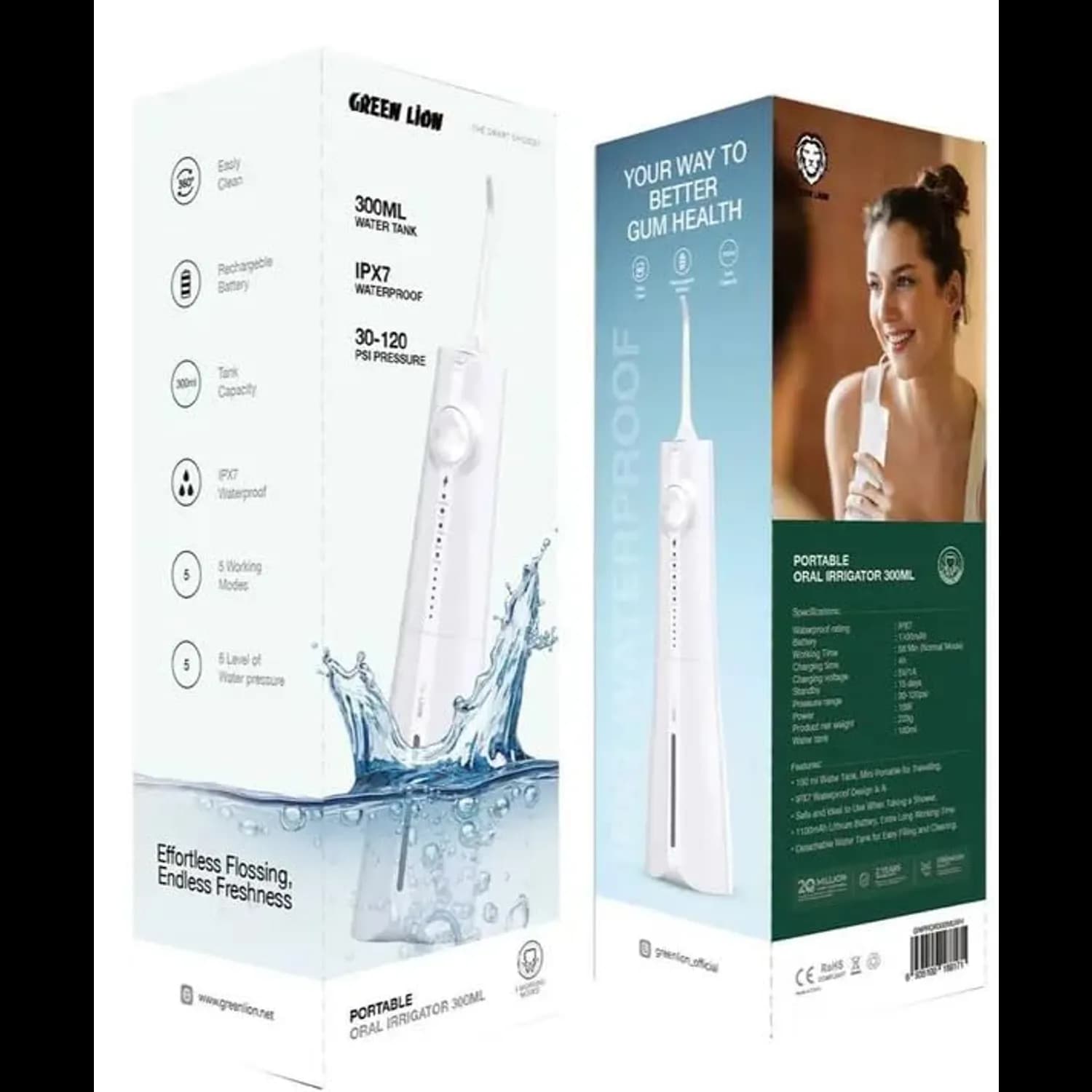 Green Lion Oral Irrigator GNPROR300ML - Portable, IPX7 Waterproof, White — Black 5