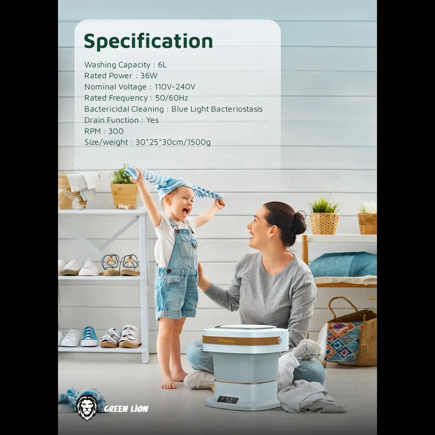 Green Lion Mini Washing Machine - 6L Foldable, Sky Blue 4