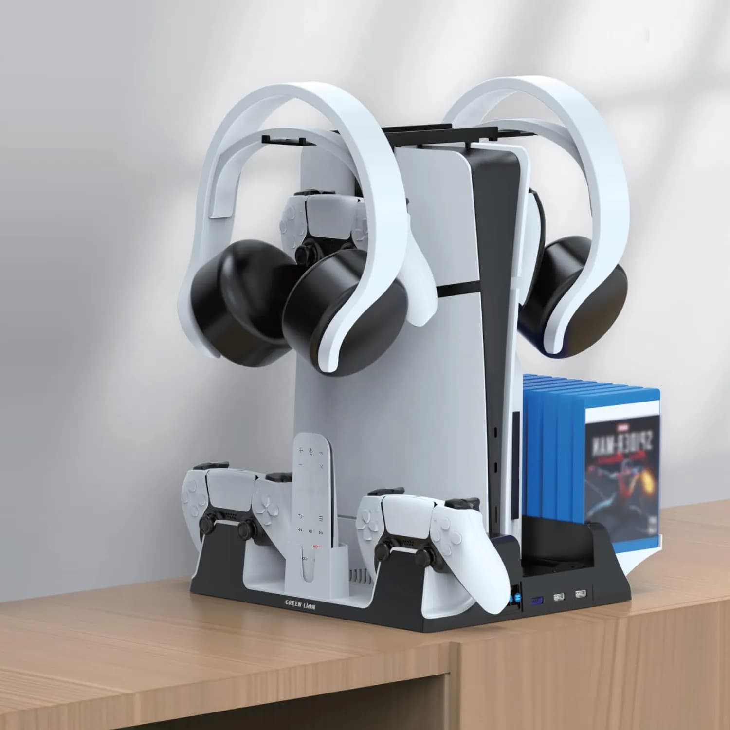 Green Lion PS5 Cooling Stand - 14-Disk Storage, Turbo Fan, White 2